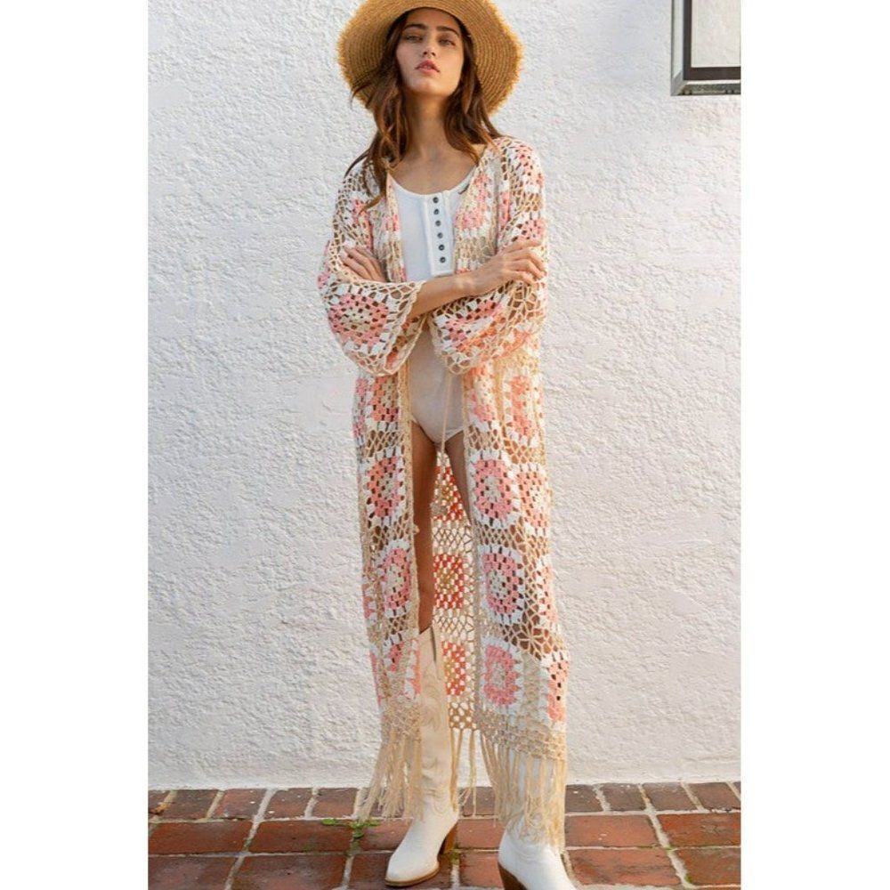 POL Kauai Crochet Long Tie Cardigan in Blush Beige FST317A